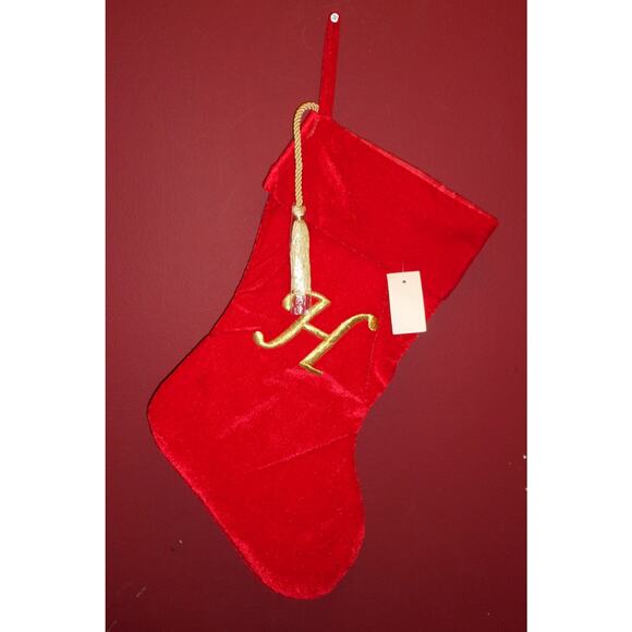 Upper Case Gold H Monogram on a 19" Red Velour Christmas Stocking - Picture 1 of 2